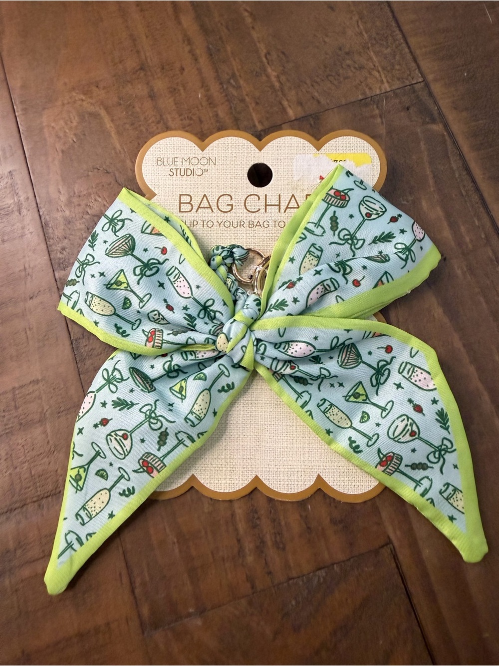 Bag charm by blue moon studios green/blue bow alcohol drinks martini wine charm